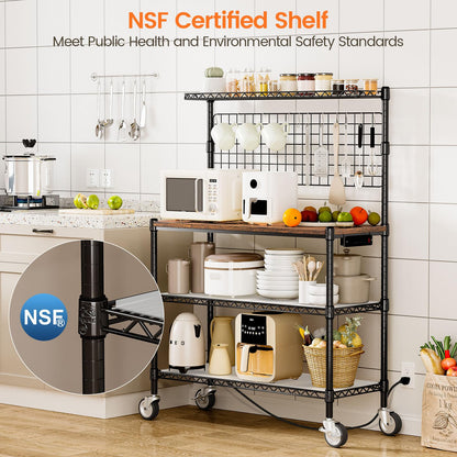 Leteuke Bakers Rack with Power Outlet & Storage, 36 Inch Microwave Stand Kitchen Cart, 4-Tier Metal Kitchen Shelves Cart with Wheels & 20 S-Hooks for Kitchen, NSF Certified, 63 x 18 x 36 Inch-Black
