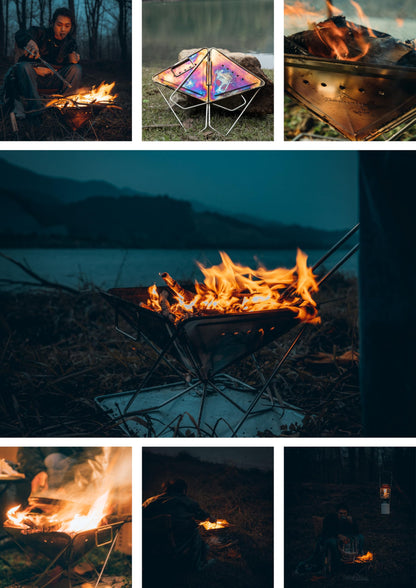 CAMPINGMOON 3 in 1 Flatpack Portable Fire Pit Grill 14 inch Foldable Stainless Steel Wood Burning Camping Stove Adjustable Height Overlanding Outdoor Cooking RV Trips Carry Bag included MT-045
