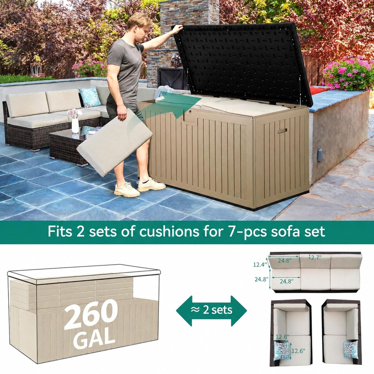 YITAHOME XXL 260 Gallon Large Deck Box,Outdoor Storage for Patio Furniture Cushions,Garden Tools and Pool Equipment with Flexible Divider,Waterproof,Lockable (Black&Brown)