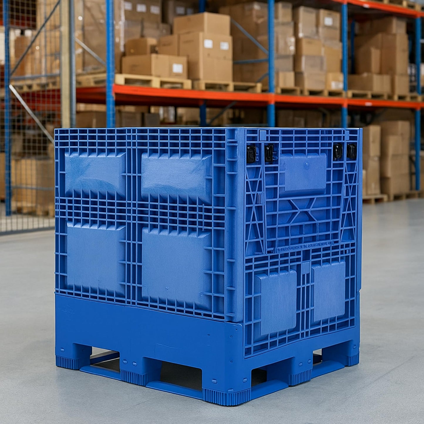 Buckhorn 48" x 40" x 46" Collapsible Bulk Box Container, General Purpose Plastic Stacking Gaylord Box with 4-Way Forklift Access and 2 Drop Doors, 1100 lb Capacity Storage Tote, Blue (BG48404602)