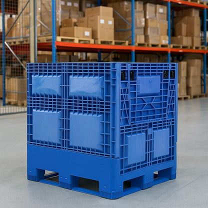 Buckhorn 48" x 40" x 46" Collapsible Bulk Box Container, General Purpose Plastic Stacking Gaylord Box with 4-Way Forklift Access and 2 Drop Doors, 1100 lb Capacity Storage Tote, Blue (BG48404602)