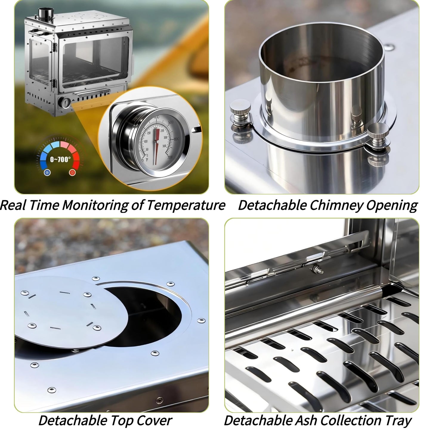 Outdoor Camping Wood Burning Stove,Hot Tent Stove,Stainless Steel,Chimney,Three Sided Heat Resistant Glass,for Camping Heating and Cooking
