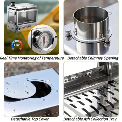 Outdoor Camping Wood Burning Stove,Hot Tent Stove,Stainless Steel,Chimney,Three Sided Heat Resistant Glass,for Camping Heating and Cooking