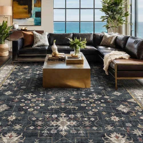Hazo Haus Boho Area Rug - Washable Black Low Pile Non-Slip Dining Room Carpet | 6x8 Geometric Design