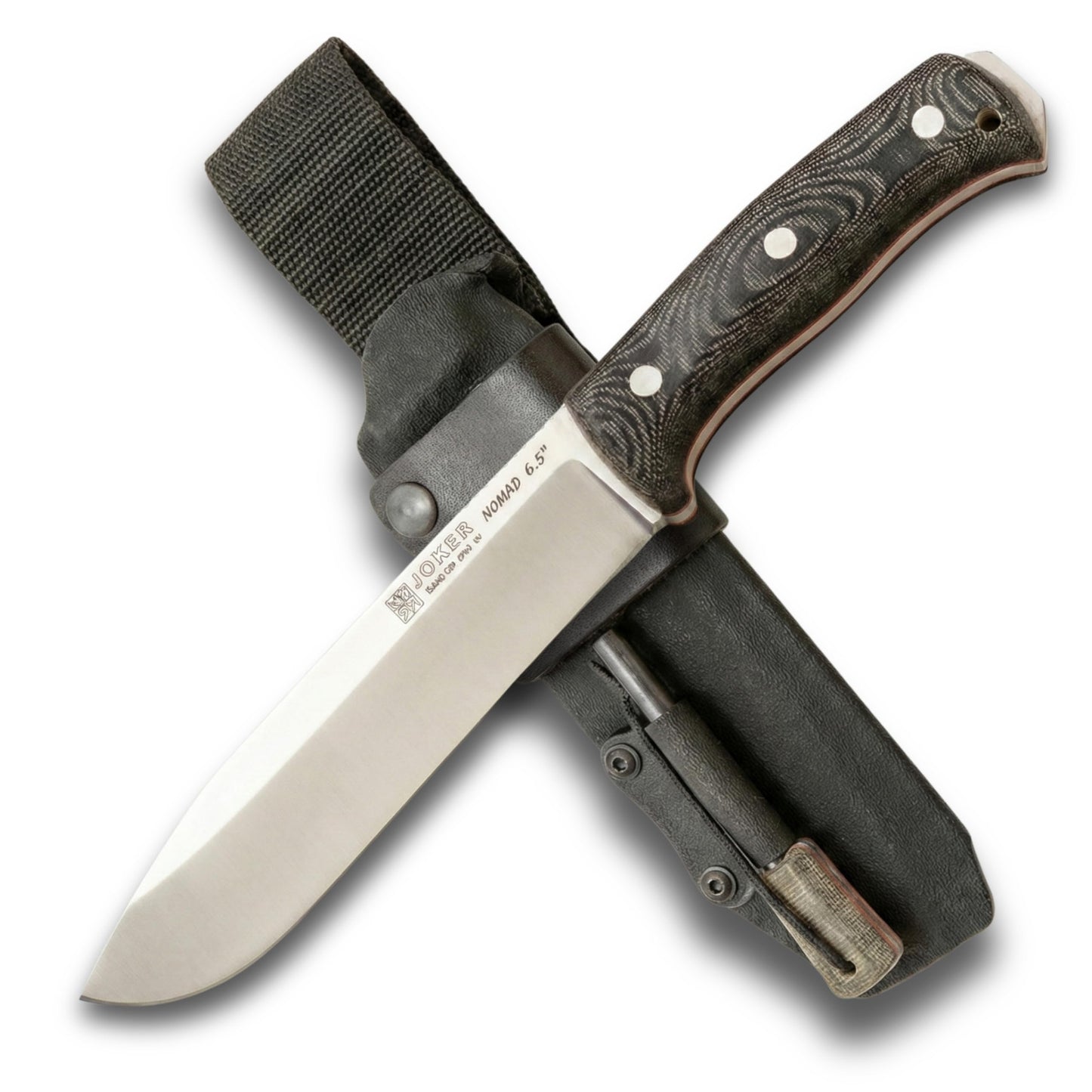 Joker Nomad 6.5 CM137-F Survival Knife, 6.5 in Böhler N695 Steel Blade, Black Micarta Handle, Kydex Sheath with Ferro Rod, Made in Spain, for trail use, shelter prep, food prep and hunting camps