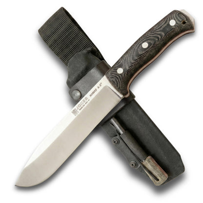 Joker Nomad 6.5 CM137-F Survival Knife, 6.5 in Böhler N695 Steel Blade, Black Micarta Handle, Kydex Sheath with Ferro Rod, Made in Spain, for trail use, shelter prep, food prep and hunting camps