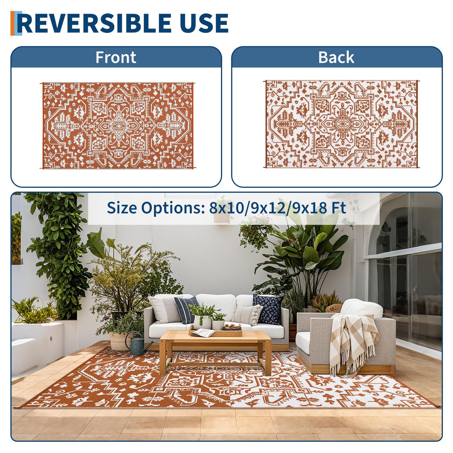 GlowSol Large 9x18 Outdoor Rug for Patios Waterproof Clearance Reversible Patio Mat Plastic Straw Rug RV Camping Mat Outside Carpet for Camping RV,Porch,Deck,Balcony,Camper,Backyard,Beach,Orange