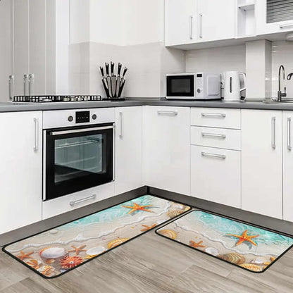 Lumiprinta Ocean Theme Tropical Beach Seashell Starfish Decorative Kitchen Rugs and Mats Set of 2, Low-Profile Floor Mats Decorations for Home Kitchen 17"x47"+17"x30"