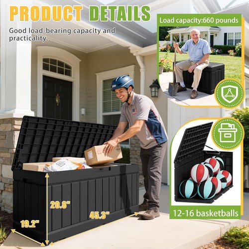 Greesum 82 Gallon Outdoor Storage Box - Waterproof & UV Resistant Bin for Patio Furniture | Black