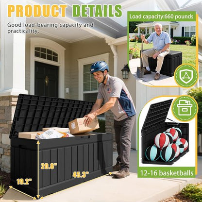 Greesum 82 Gallon Outdoor Storage Box - Waterproof & UV Resistant Bin for Patio Furniture | Black