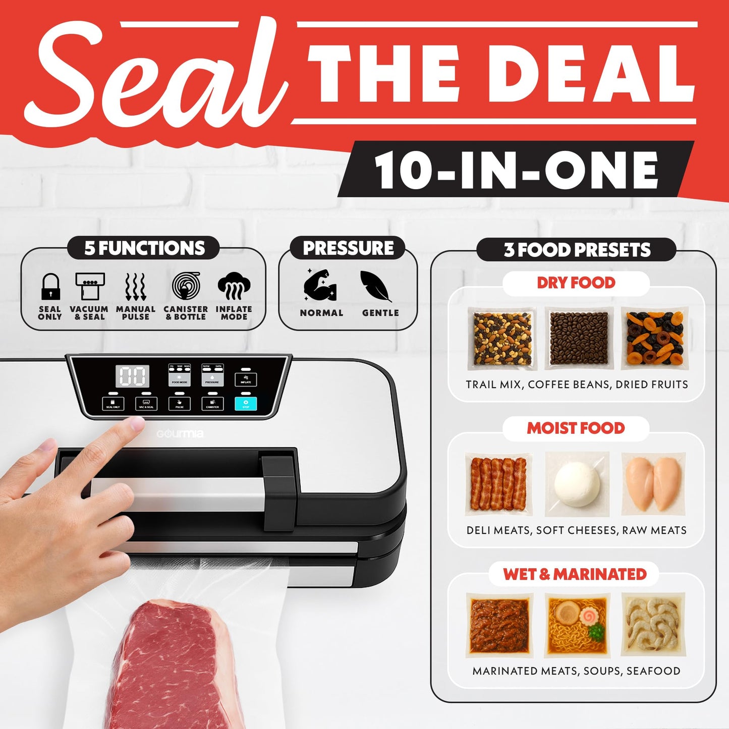 Gourmia Vacuum Sealer - 10-in-1 Food Sealer with Inflate Function, Built-In Cutter & Roll Storage, Inflate, Seal, Dry/Moist Modes, Gentle & Normal Pressure, BPA-Free Bags