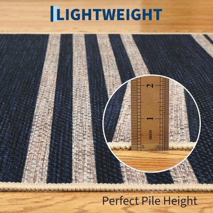 COZYLOOM Washable Living Room Rugs 8x10 Striped Easy Jute Rug with Non Slip Backing, Modern Stain Resistant Farmhouse Rugs for Patio Non Shedding Mats for Dining Room, Bedroom, RV, Navy Blue