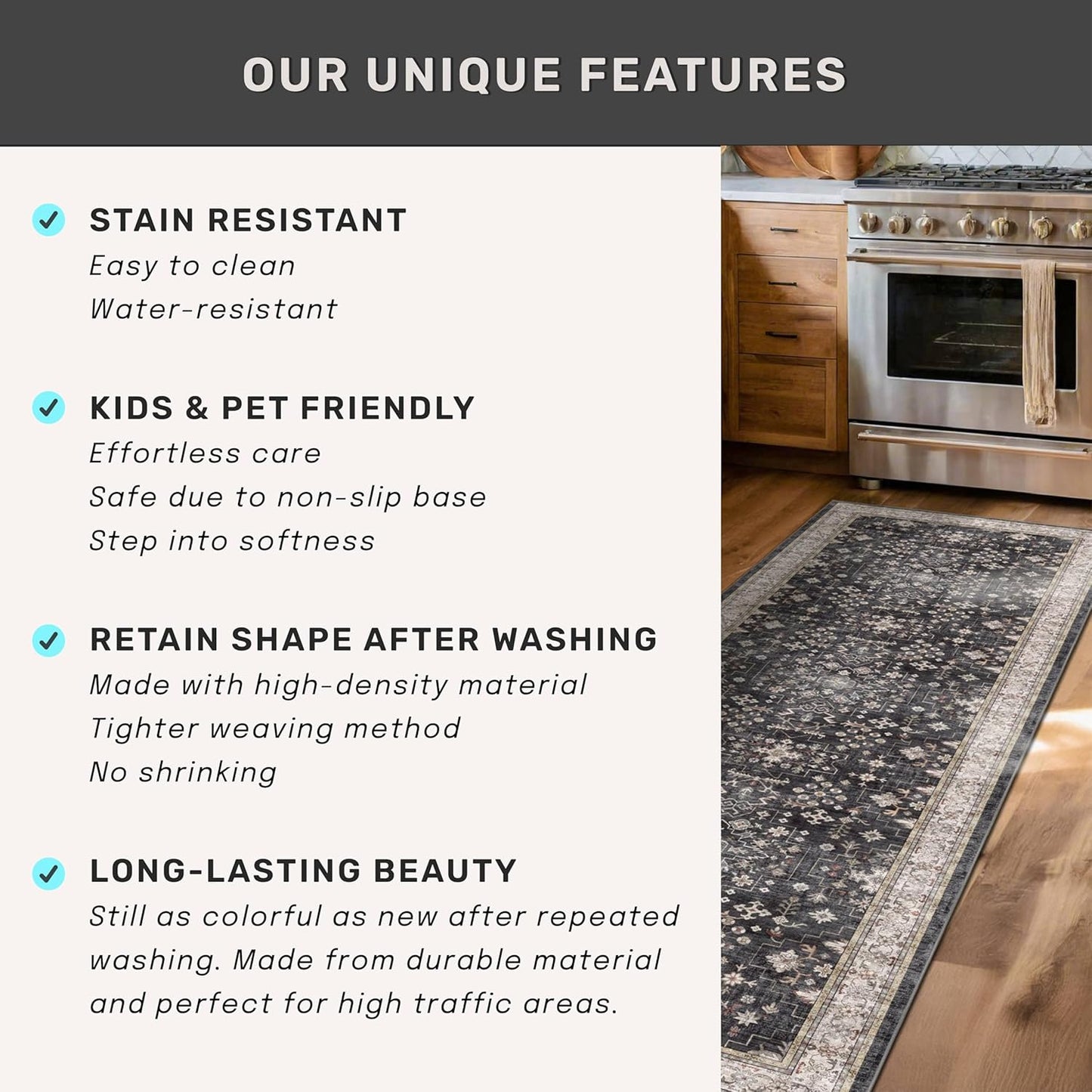 Skiennix Entryway Runner Rug - Non-Slip, Washable, Stain Resistant | Vintage Ashen Charcoal Floral Design (2x4 ft)