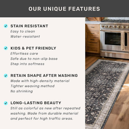 Skiennix Entryway Runner Rug - Non-Slip, Washable, Stain Resistant | Vintage Ashen Charcoal Floral Design (2x4 ft)