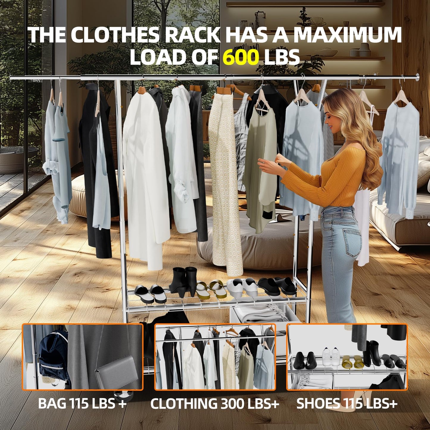 FAHKNS Clothes Rack, 74.5'' W Clothing Rack, Rolling Heavy Duty Clothes Rack, Load 600 Lbs with Wheels, Double Rod Clothing Racks for Hanging Clothes, Adjustable Garment Rack Commercial Portable