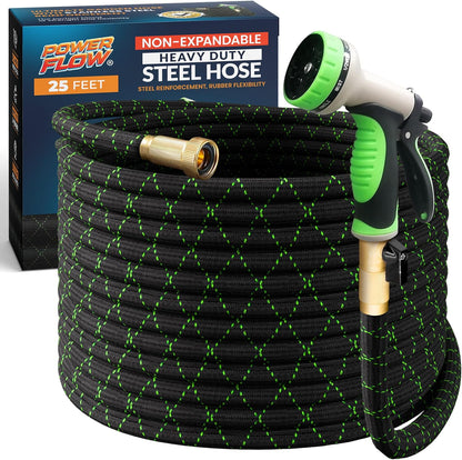 PowerFlow Stainless Steel Garden Hose - 25 Feet Non-Expandable with Durable Fabric Skin & 10-Way Spray Nozzle | Black