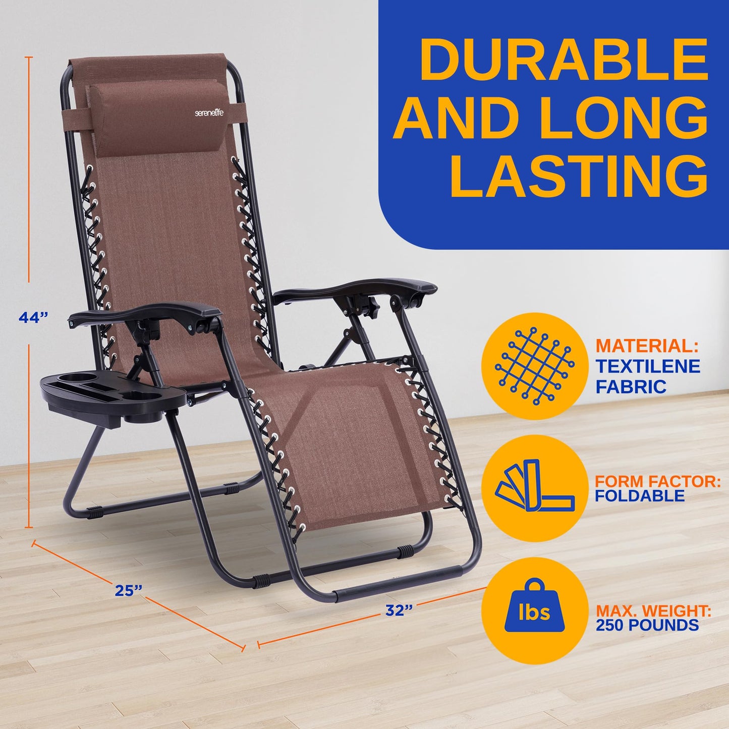 SereneLife Zero Gravity Lounge Chairs Set of 2, Adjustable Outdoor Recliners with Lockable Positions, Side Table Cup Holders, Padded Headrest Pillows, Foldable Steel Frame Patio Chairs (Brown)