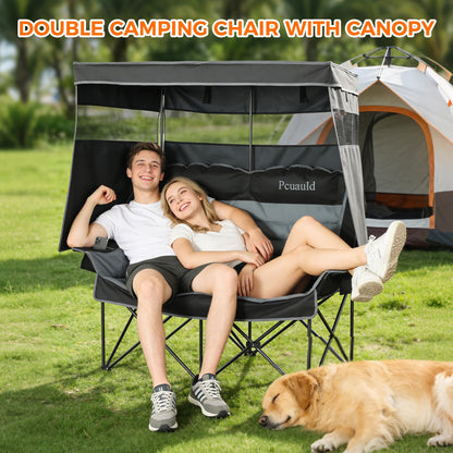 Pcuauld Double Camping Chair with Canopy Heavy Duty 2 Person Folding Loveseat Beach Chair with Shade High Back Oversized Outdoor Camping Couch with Cup Holders & Wine Racks for Lawn, Fishing, Sports