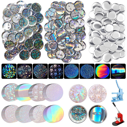 Humyoun 200 Sets 2.25 Inch 58mm Button Maker Supplies for Pin Maker Machine Kit Including 200 Holographic Sparkling Films, 100 Laser Back 100 Starry Back and 200 Shell for Button Press