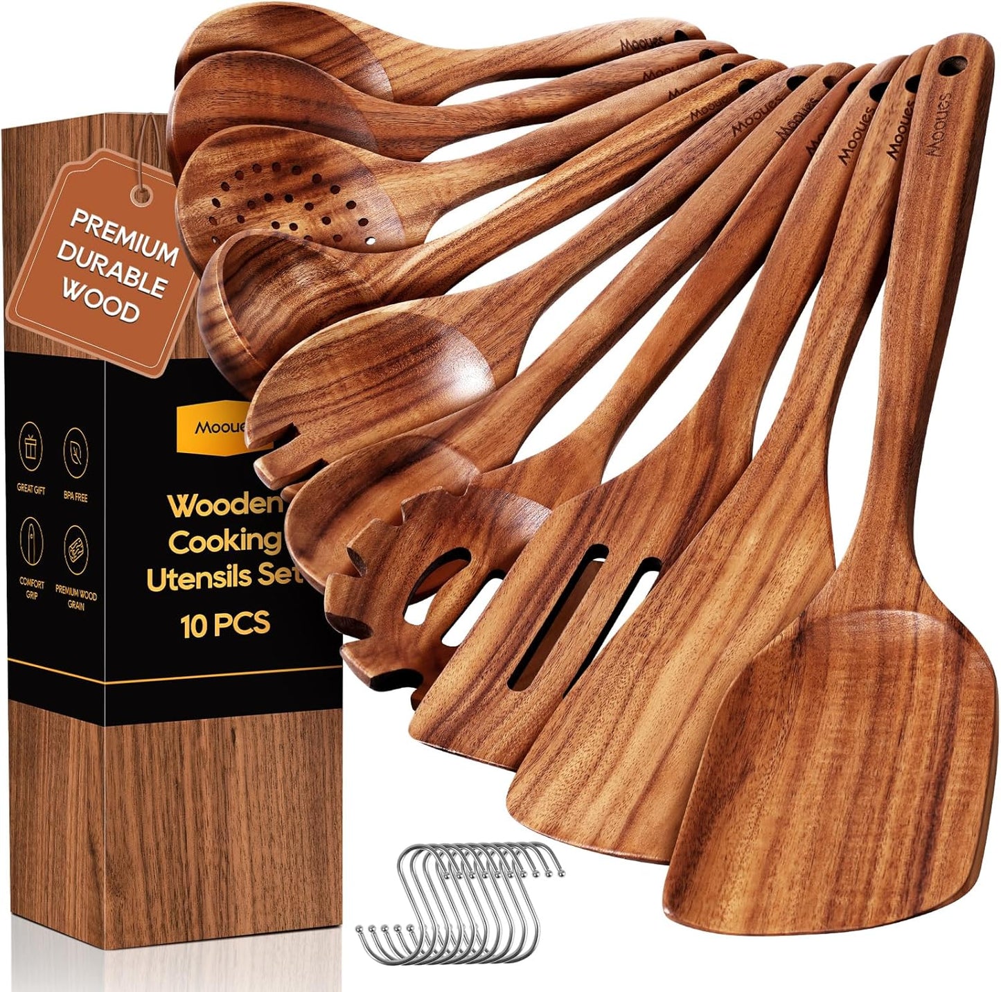 Skiennix Wooden Spoons - 10PCS Teak Wood Cooking Utensil Set with Hooks | Smooth Finish, Heat Resistant