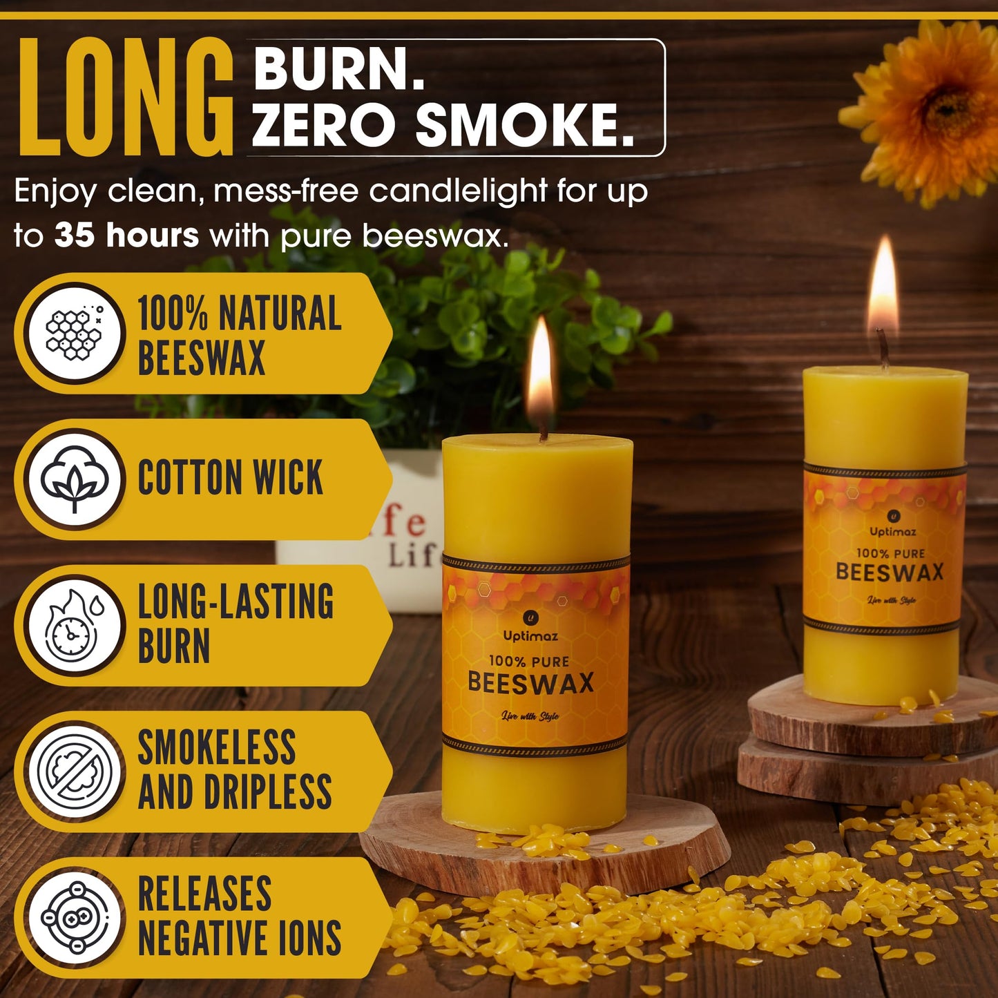 Uptimaz Beeswax Pillar Candles Set of 4, 2x4 Inch, 100% Beeswax Candle with Cotton Wick, Long Burning, Dripless Candle Bees Wax for Home, Décor, Prayer, Emergency