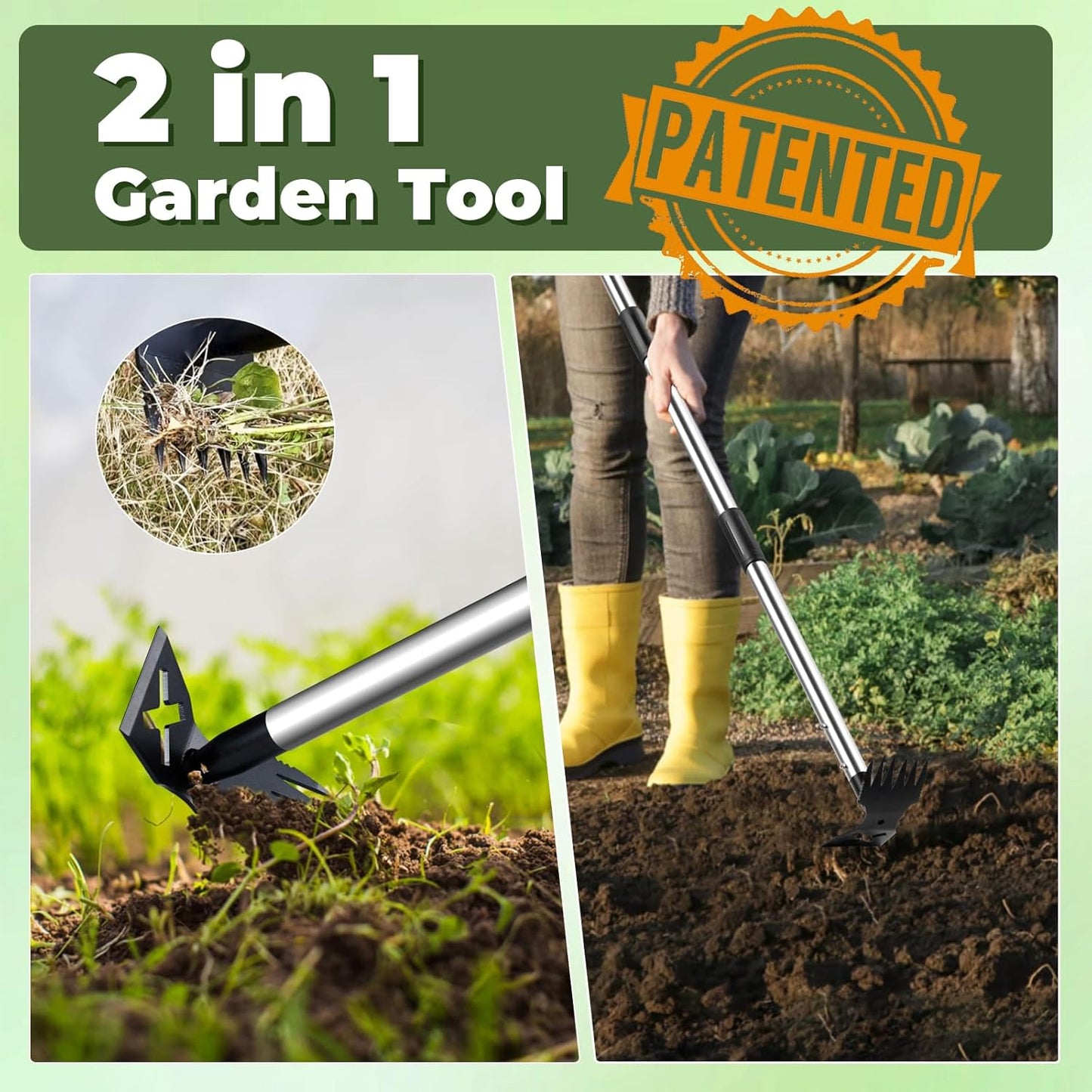 NICOFPHY Weed Puller Tool - 60" Manual Weeder & Heavy-Duty Hand Rake for Effortless Gardening