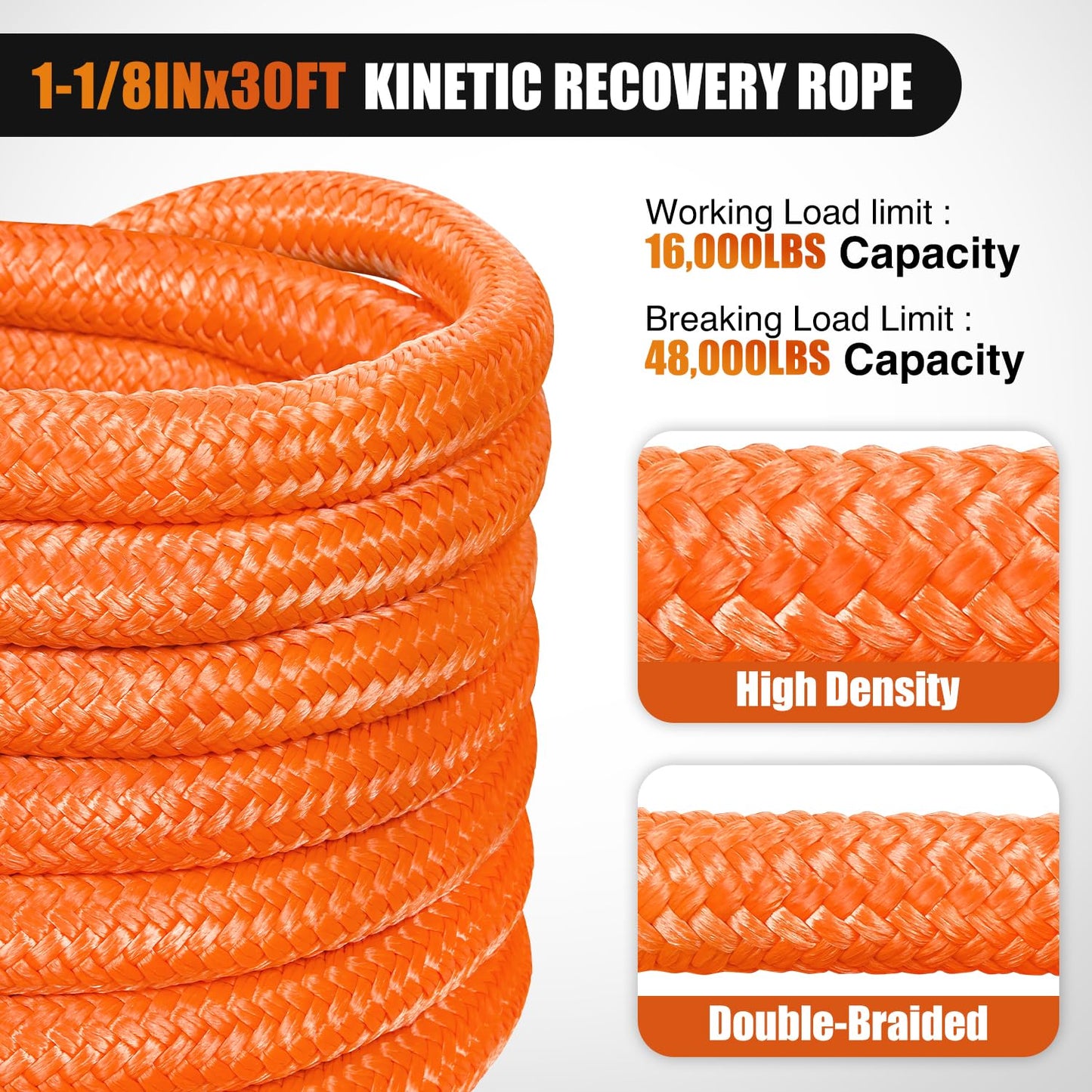 Nilight Kinetic Recovery Tow Rope Kit with 2 Soft Shackle 1-1/8inx30ft Heavy Duty Offroad Tow Rope Snatch Strap Towing Strap kit 48,000LBS for UTV ATV SUV Truck Car Jeep Tractor