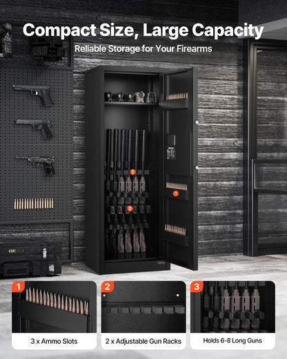 VEVOR 6-8 Gun Safe, Long Gun Cabinet for Rifles and Pistols, Quick Access Rifle Safe with 3 Ammo Slots and 2 Adjustable Racks, Large Digital Cabinet with Key and Password Lock