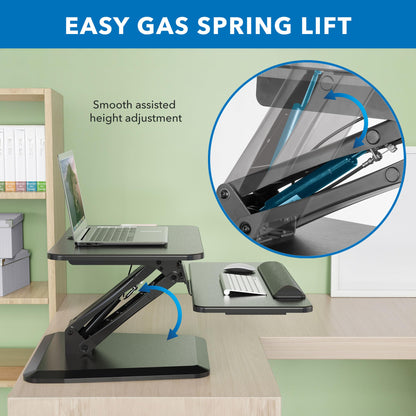 Mount-It! Compact Standing Desk Riser, Height Adjustable Desktop Sit Stand Workstation with Gas Spring, Tabletop Stand Up Desk with Keyboard Tray, Black