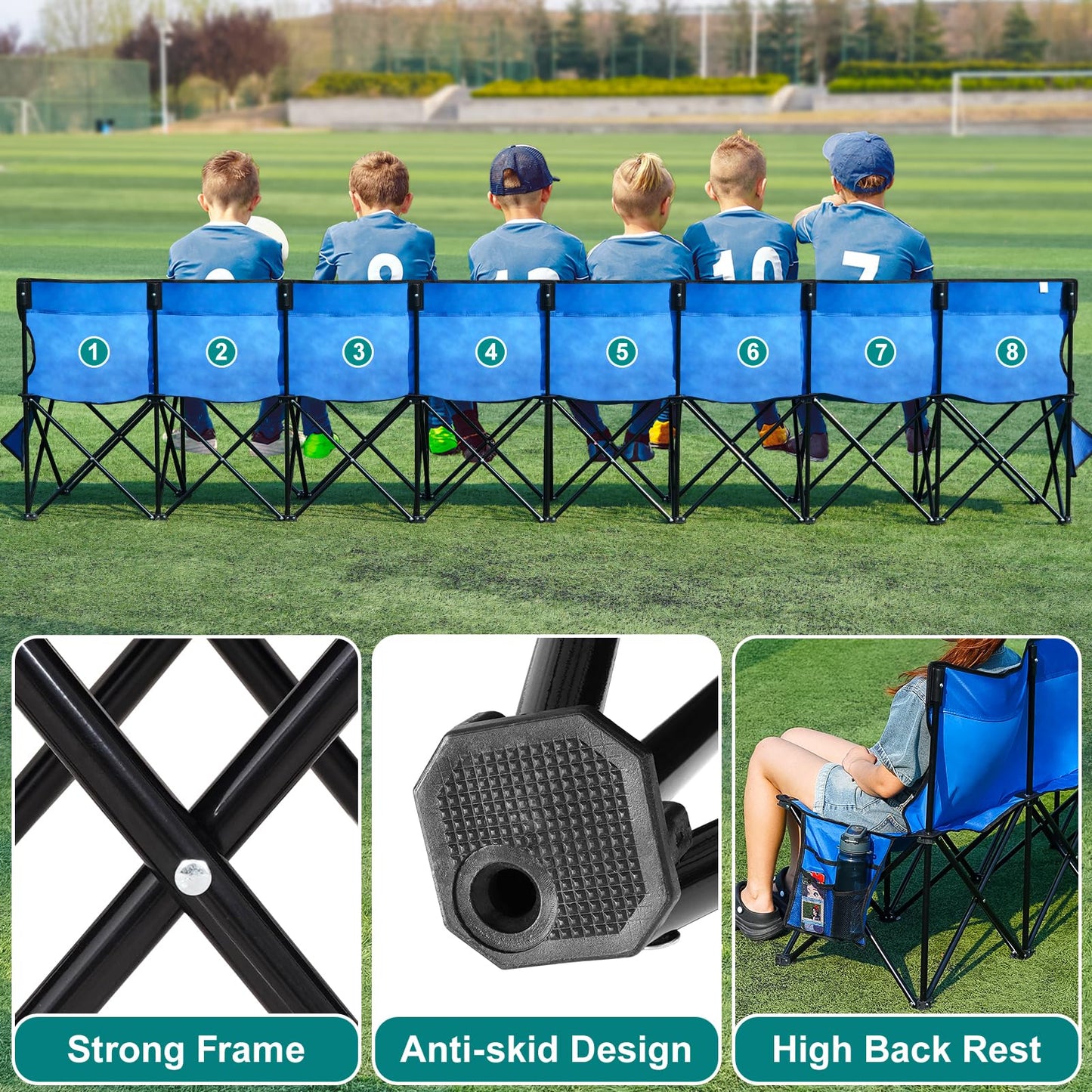 1MORE Portable Folding Bench, Foldable Sideline Bench for Team, 8 Seats Outdoor Camping Chair with Carry Bag & Backrest, Team Sport Sideline Bench for Football,Soccer, Fishing. Blue