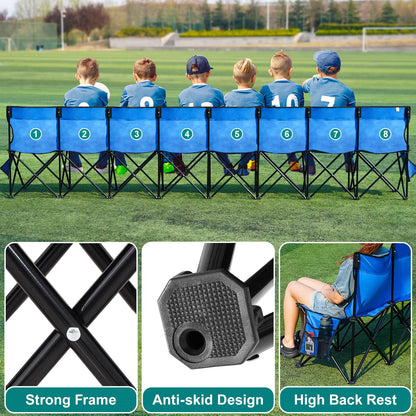 1MORE Portable Folding Bench, Foldable Sideline Bench for Team, 8 Seats Outdoor Camping Chair with Carry Bag & Backrest, Team Sport Sideline Bench for Football,Soccer, Fishing. Blue