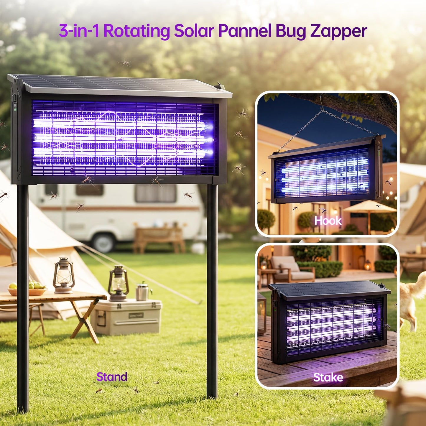 4500V Solar Bug Zapper Outdoor, Mosquito Zapper with Extension Cord, Waterproof Electric Fly Zapper Indoor/Outdoor for Patio, Yard, Home, Garden, Camping
