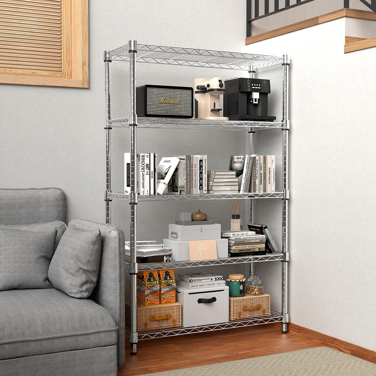 M MZG 2 PCS Storage Shelving Utility Shelving Unit 5-Tier Utility Shelving Unit Steel Organizer Wire Rack for Home,Kitchen,Office (13.7" D x 23.6" W x 62.4" H) (Black+Chrome)