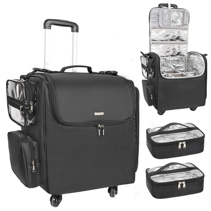 Relavel Rolling Makeup Train Case, Professional Hairstylist Traveling Bag with 4 Wheels & 2 Pouches, Adjustable Dividers, Heat Insulation Full Layer, Portable Cosmetics Storage Organizer Suitcase