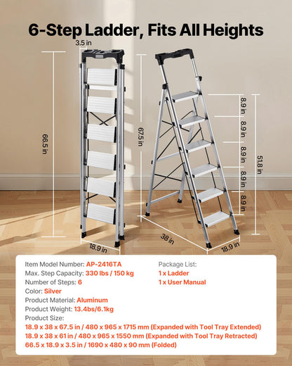 VEVOR 6 Step Ladder, Folding Step Stool with Wide Anti-Slip Pedal and Comfort Handgrip, 330 lbs Capacity Portable Aluminum Stepladder, Multi-Use for Kitchen, Warehouse, Household and Office, Silver