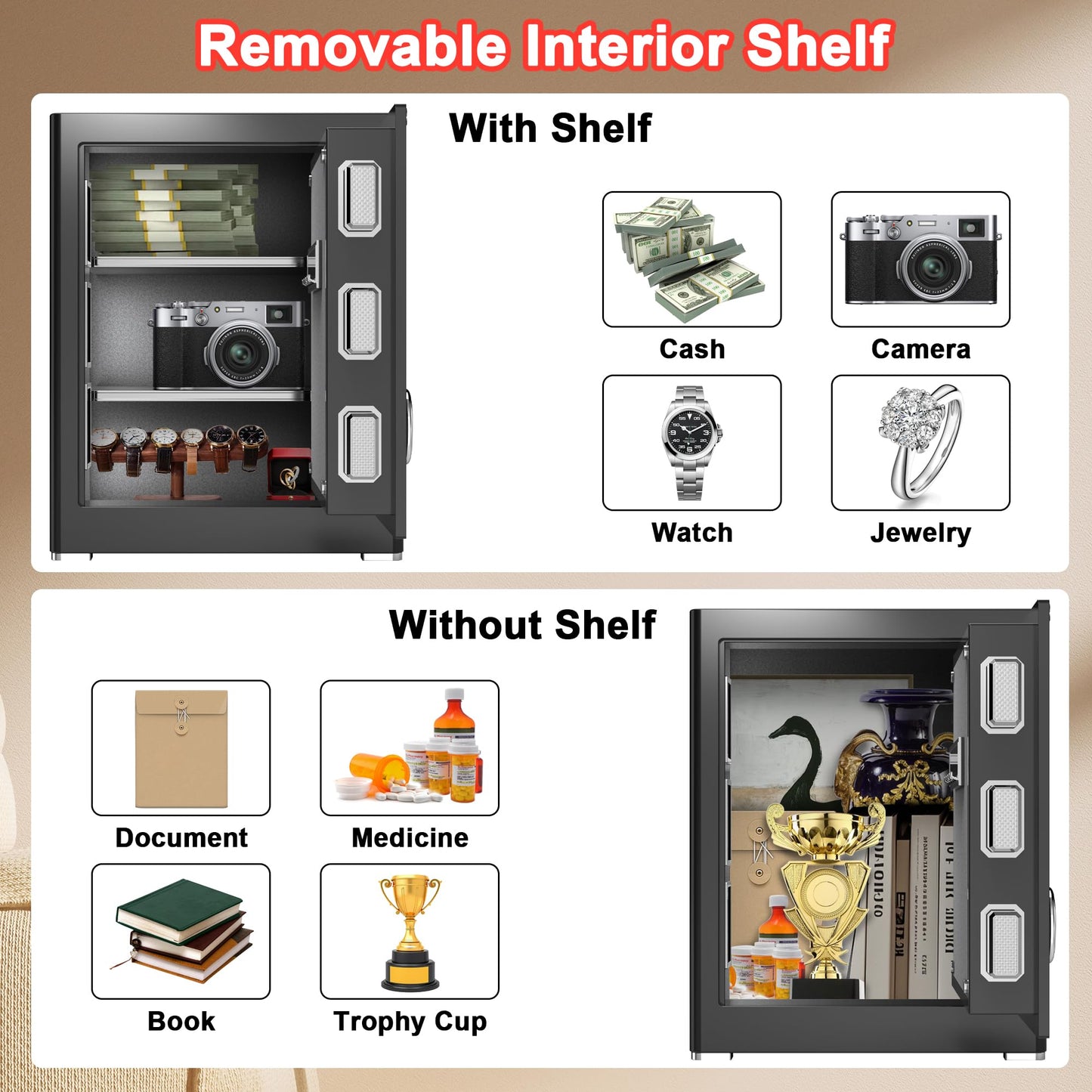 Safe Box, Money Safe with Fireproof Waterproof Bag, Medium Size Safes with Digital Keypad, Dual Alarm System, Removable Shelf for Valuables & Cash (Upgrade 2.0 CUFT Digital