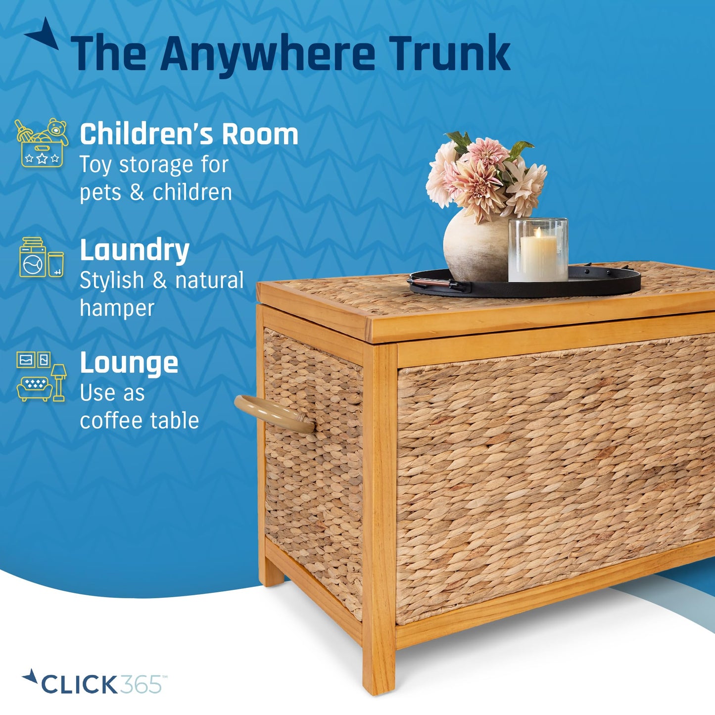 ClickDecor Wilson Wicker Storage Trunk with Lid, 30 Inch Handwoven Water Hyacinth Storage Chest with Acacia Wood Frame, Farmhouse Blanket Basket for Living Room, Bedroom or Entryway, Natural Brown
