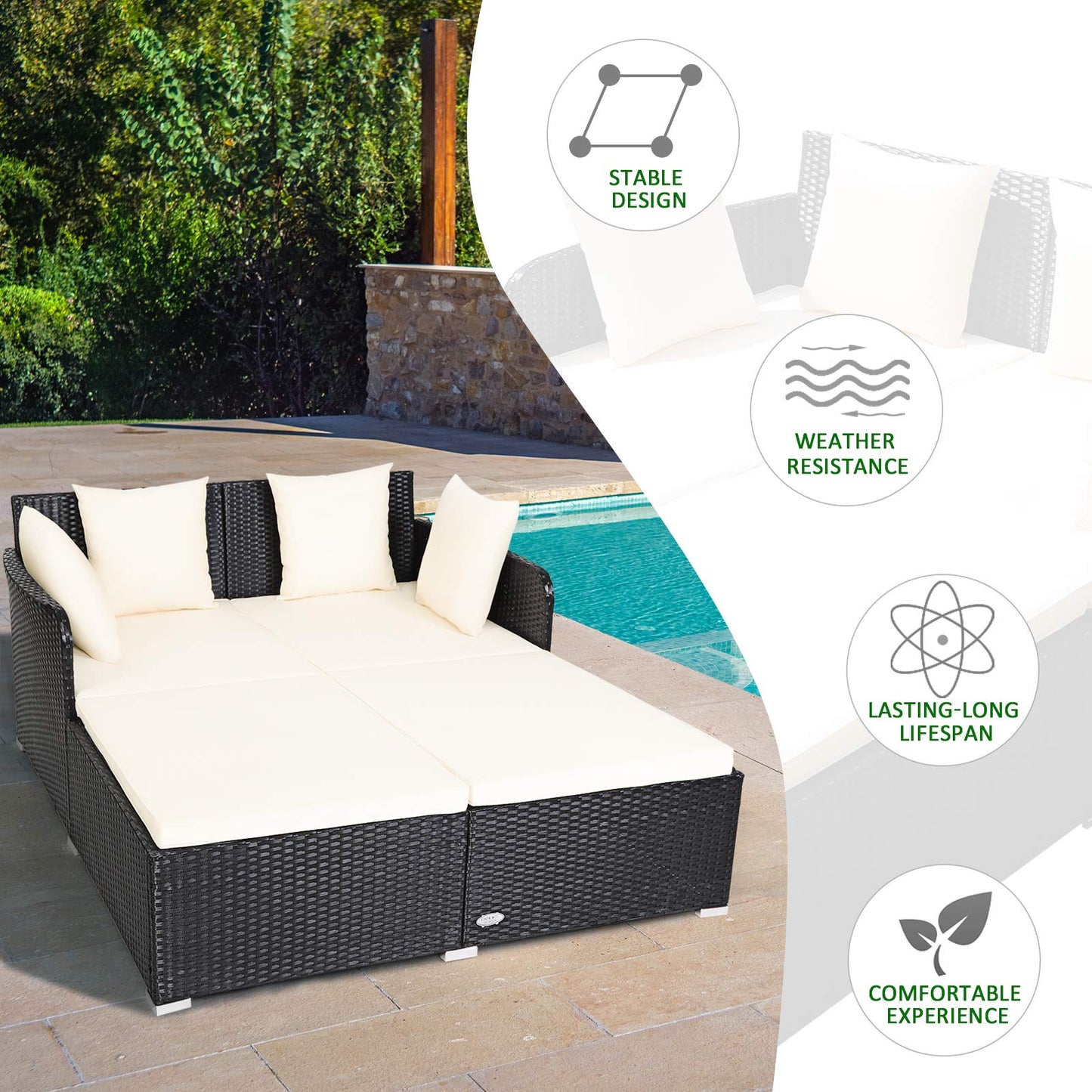 COSTWAY Outdoor Patio Rattan Daybed, Sponge Cushioned Loveseat Sofa with 4 Pillows, Wicker Furniture Sunbed for Balcony, Courtyard (Beige)