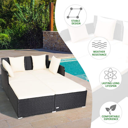 COSTWAY Outdoor Patio Rattan Daybed, Sponge Cushioned Loveseat Sofa with 4 Pillows, Wicker Furniture Sunbed for Balcony, Courtyard (Beige)