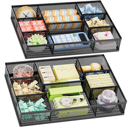 Marbrasse 2 Pack Desk Drawer Organizer, Mesh Drawer Organizer Tray with 8 Adjustable Compartments, Desk Organizers and Accessories, 5 Dividers Drawer for Office Supplies, Makeup & Vanity (Black)