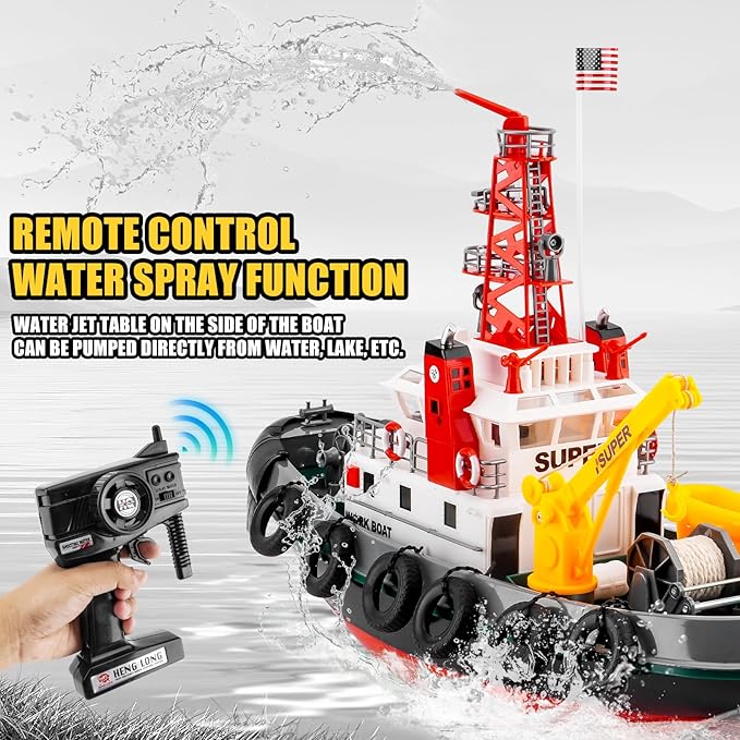 RC Boat HengLong 2.4GHZ US Fire Rescure Boat Remote Control FireBoat Water Spray with 2 Rechargeable Batteries Swimming Pool Lake for Age 14+