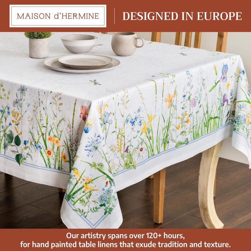 Maison d' Hermine Table Cloth Rectangle Table 100% Cotton 60 x 90 Inches Tablecloth Reusable Decorative for Dining Kitchen Room Farmhouse Home Gifts for Mothers Day Spring Summer - Fleurs De Mai