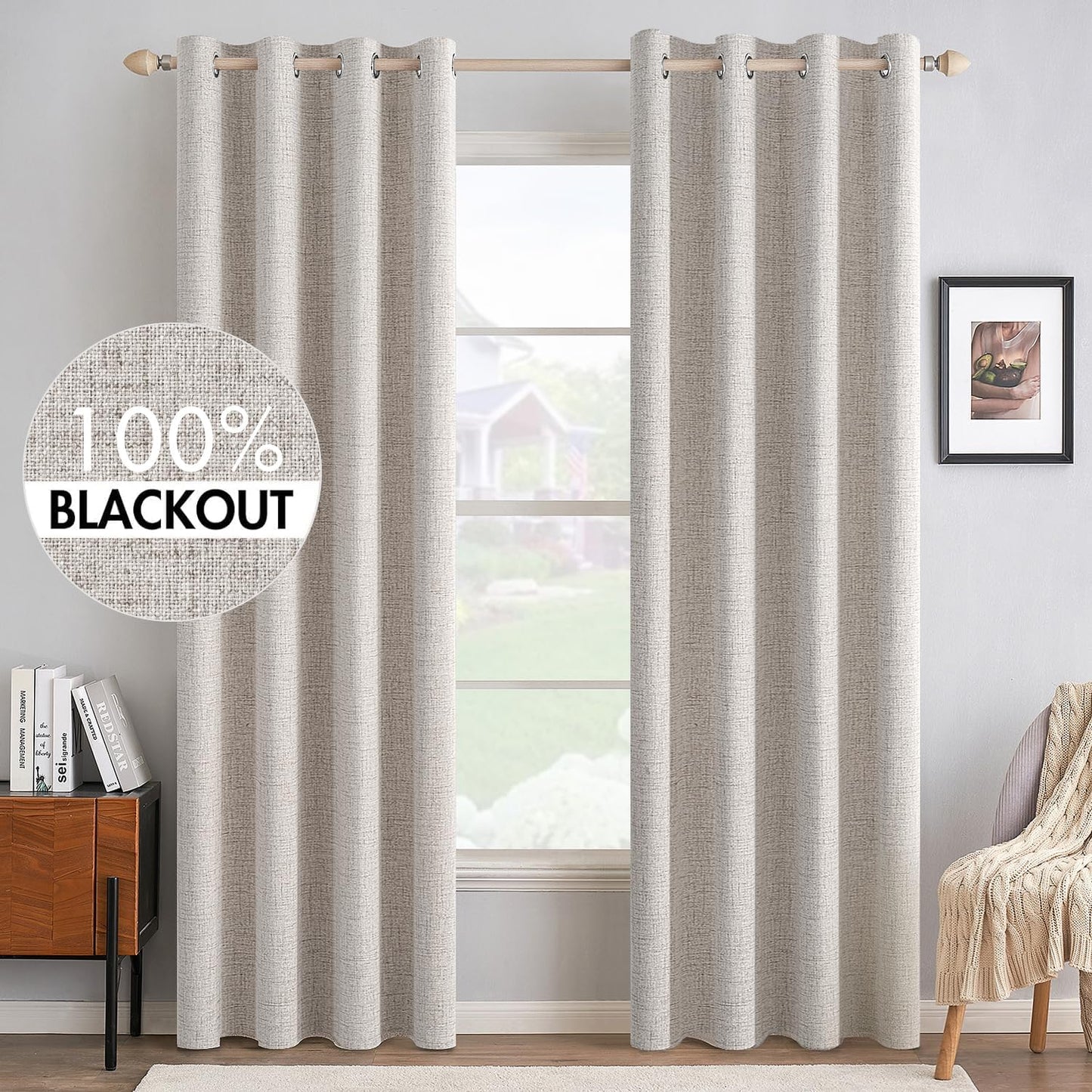 MIULEE 100% Blackout Curtains - Linen Textured Thermal Insulated Drapes | Ivory, 52 x 84 Inch (2 Panels)