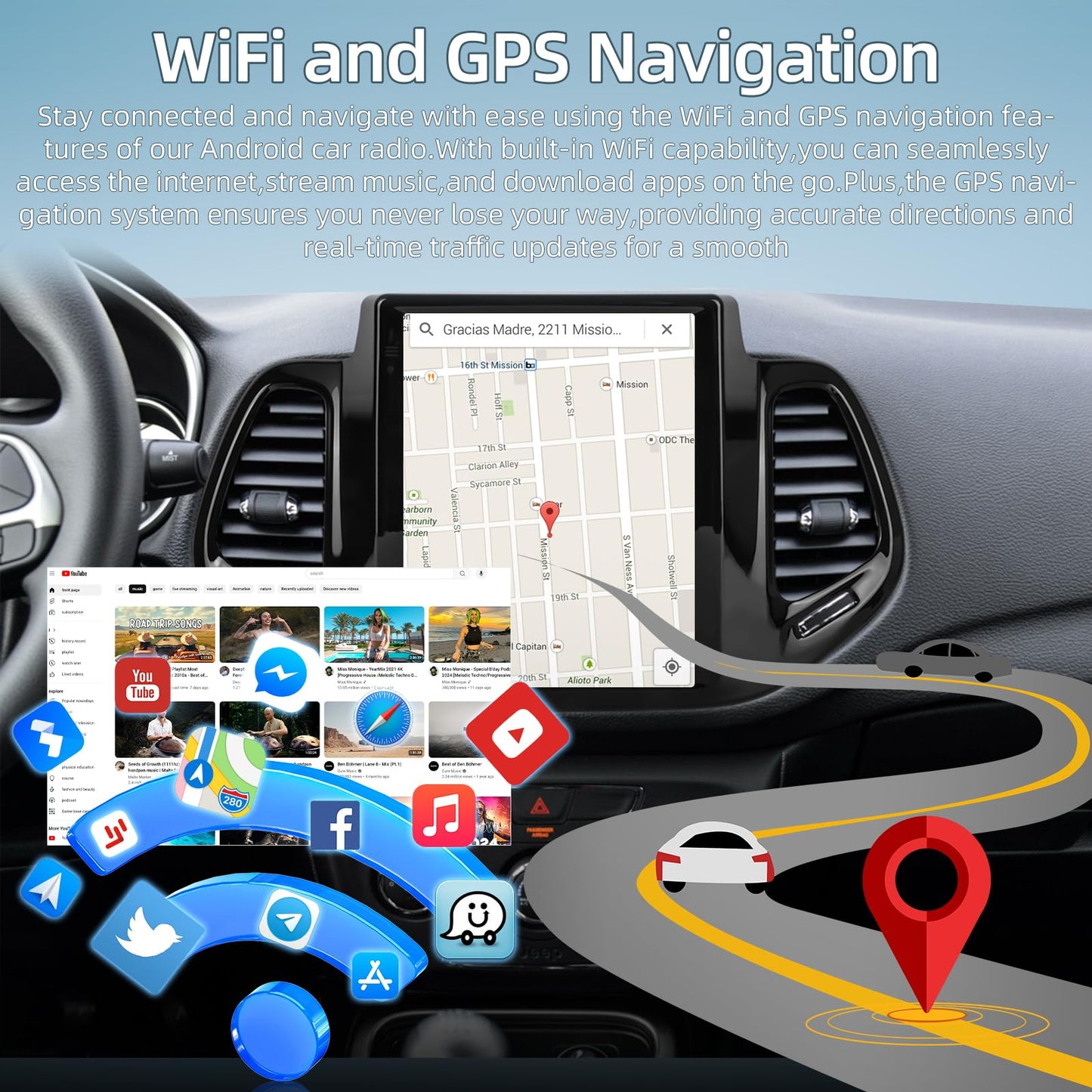 9.7 Inch Car Stereo for Jeep Compass 2017 2018 2019, 2+64G Android Touchscreen Radio with Wireless Carplay & Android Auto/WiFi/HiFi/GPS Navigation/Mirror Link/SWC, AHD Backup Camera