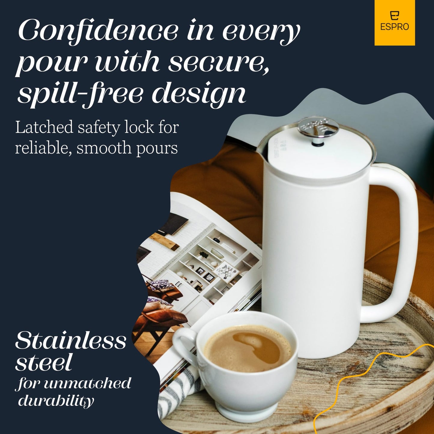 ESPRO Pro P7 French Press Stainless Steel 304 – Patented Double Walled Micro-Filter Insulated French Press Coffee Maker, Grit-Free Brew - Heat Resistant BPA Free - Matte White - 18oz