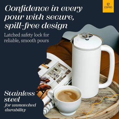 ESPRO Pro P7 French Press Stainless Steel 304 – Patented Double Walled Micro-Filter Insulated French Press Coffee Maker, Grit-Free Brew - Heat Resistant BPA Free - Matte White - 18oz