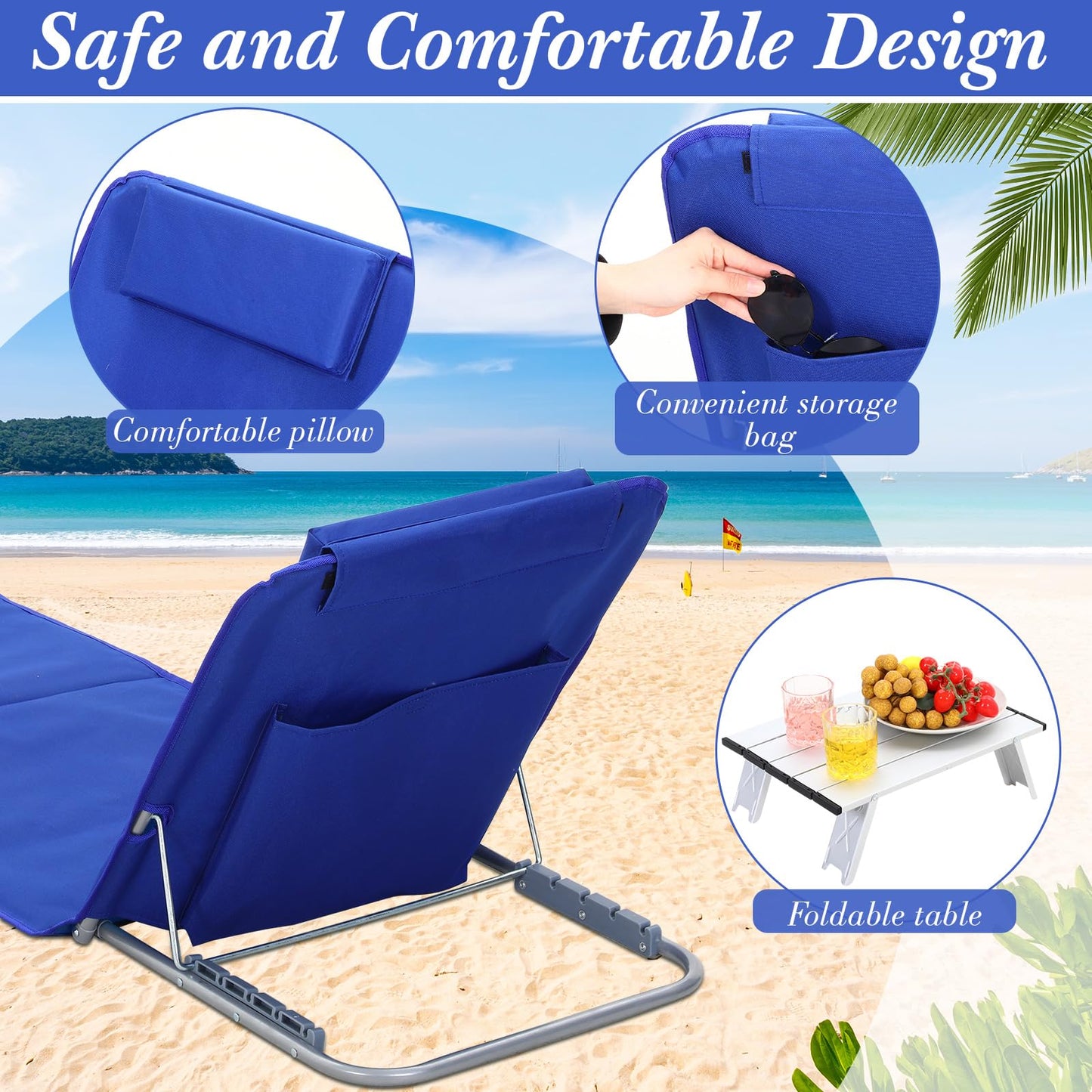 Beeveer 4 Pack Beach Lounge Chaise Chairs with 2 Folding Side Tables Portable Tanning Chair 5 Position Adjustable Lightweight for Sunbathing, Outdoor Yard, Lawn,Camping(Deep Blue)