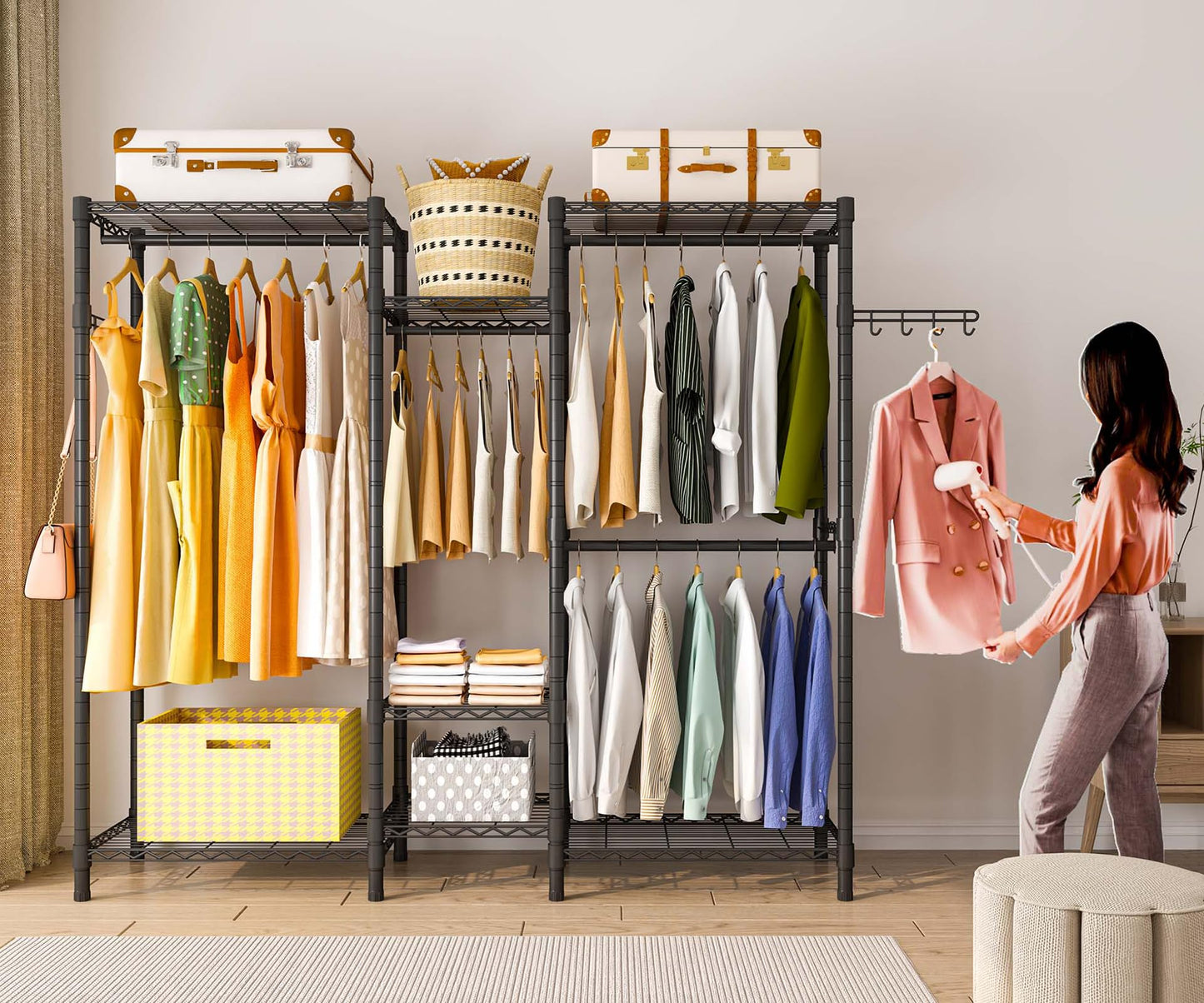 Exglobol Heavy Duty Garment Rack, Portable Wardrobe Clothes Rack Freestanding Adjustable Clothing Rack with 7 Tiers Adjustable Wire Shelving and 4 Hanger Rods, Max Load 920LBS
