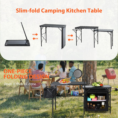 Nice C Camping Kitchen Table, Portable Folding Camp Cook Station, Storage Organizer, with Light Poles, Storage, Side Bag, Side Hooks, for Outdoor, Picnic, Beach, RV Traveling (Black)
