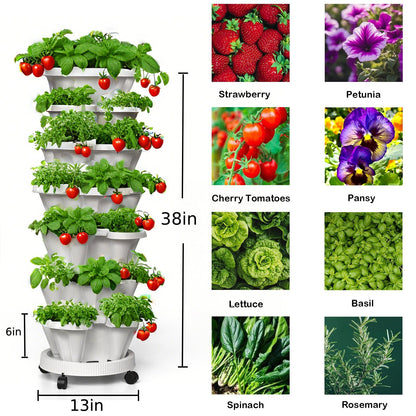Lykvrii 7 Tiered Strawberry Planters 3 Pack, Vertical Stackable Planter, Herb Stacking Tower Garden, Flower and Vegetable Planters with Support Pole Indoor & Outdoor with Removable Wheels Dark Grey